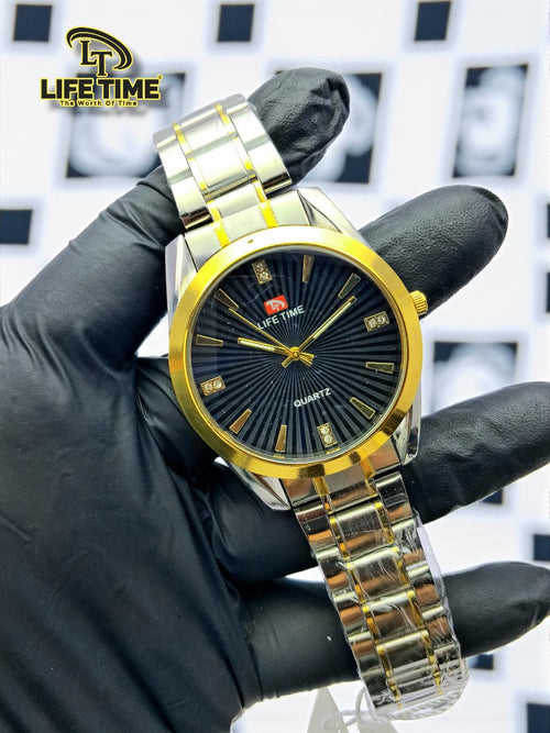 Life Time Luxury Quartz Analog Watch for Men – Premium Gold Stainless Steel Strap | Elegant Casual & Formal Wrist Watch