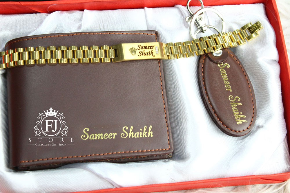 Personalized Gift Set for Men | Custom Engraved Wallet, Stainless Steel Bracelet & Leather Keychain | Anniversary, Birthday & Father's Day Gift