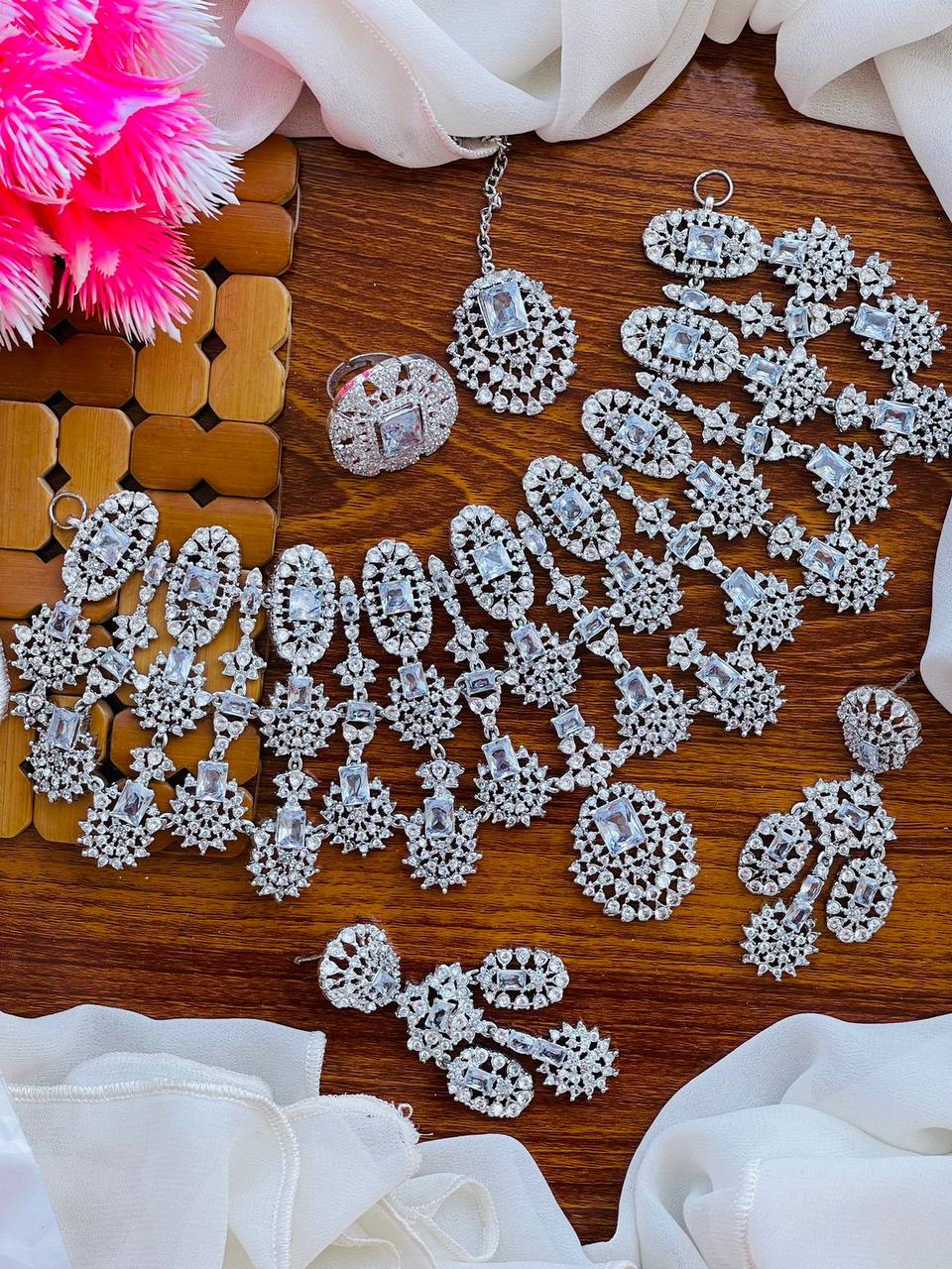 Luxury Bridal Necklace Set – Cubic Zirconia Wedding Jewelry Set with Earrings, Ring & Tikka | Pakistani Bridal Jewelry