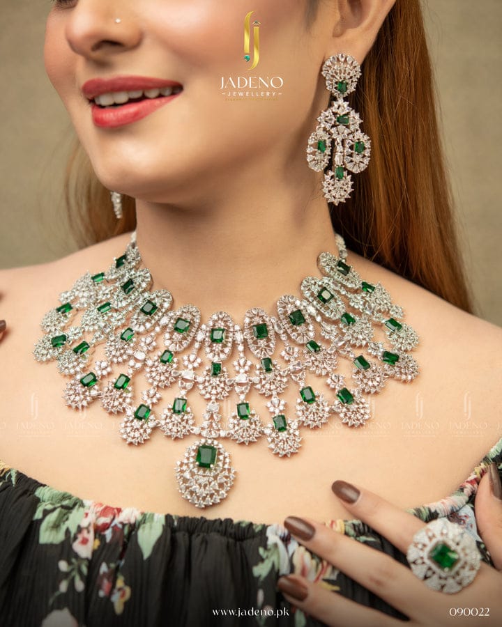 Luxury Bridal Necklace Set – Cubic Zirconia Wedding Jewelry Set with Earrings, Ring & Tikka | Pakistani Bridal Jewelry