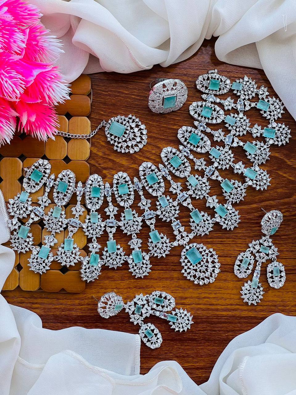Luxury Bridal Necklace Set – Cubic Zirconia Wedding Jewelry Set with Earrings, Ring & Tikka | Pakistani Bridal Jewelry