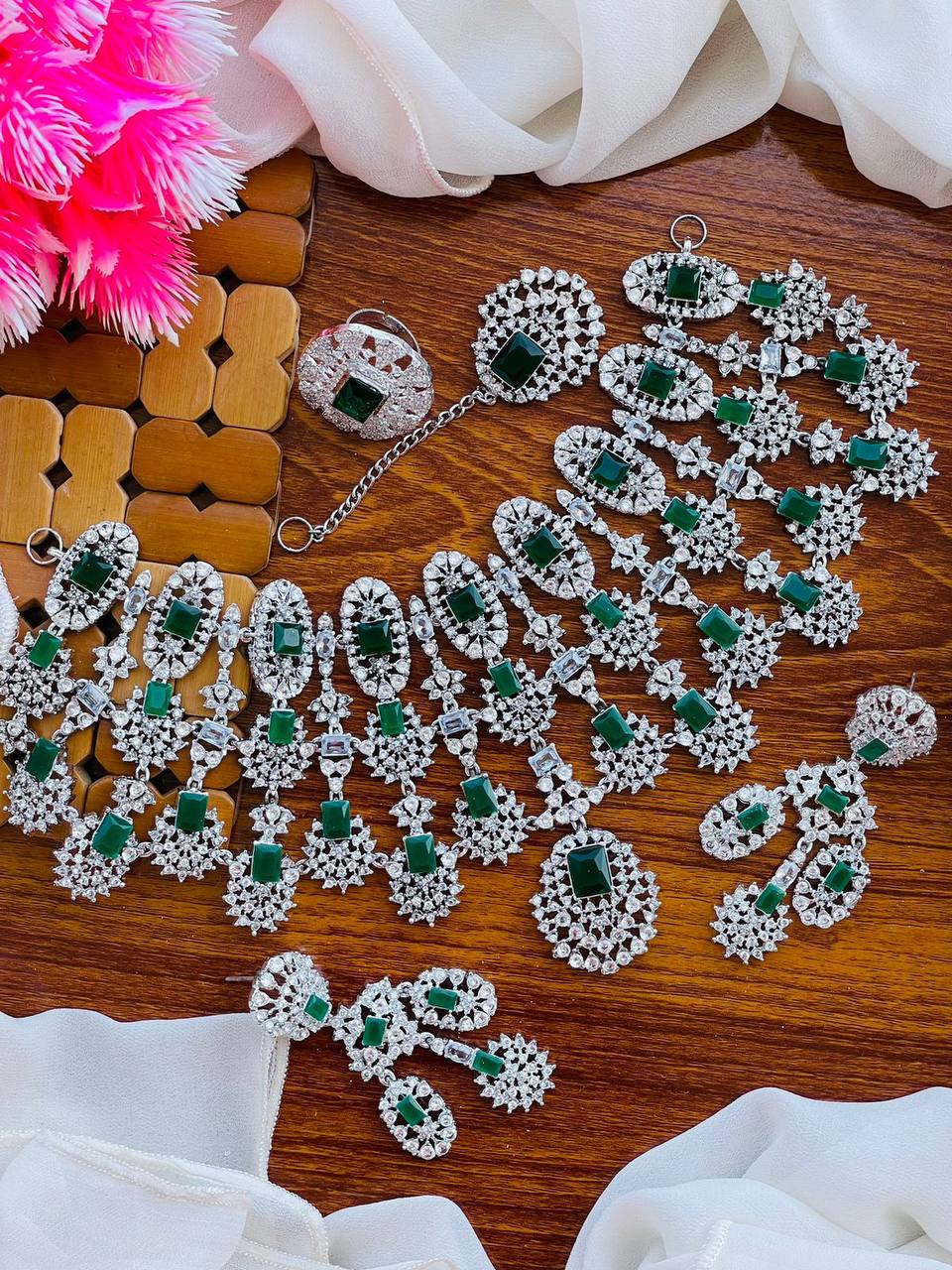 Luxury Bridal Necklace Set – Cubic Zirconia Wedding Jewelry Set with Earrings, Ring & Tikka | Pakistani Bridal Jewelry