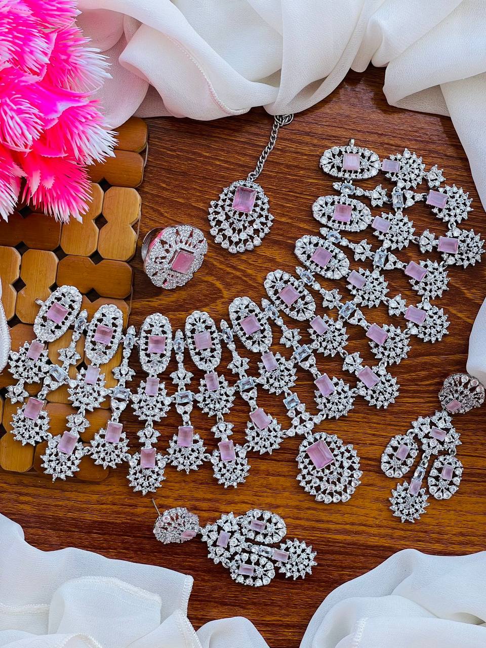 Luxury Bridal Necklace Set – Cubic Zirconia Wedding Jewelry Set with Earrings, Ring & Tikka | Pakistani Bridal Jewelry