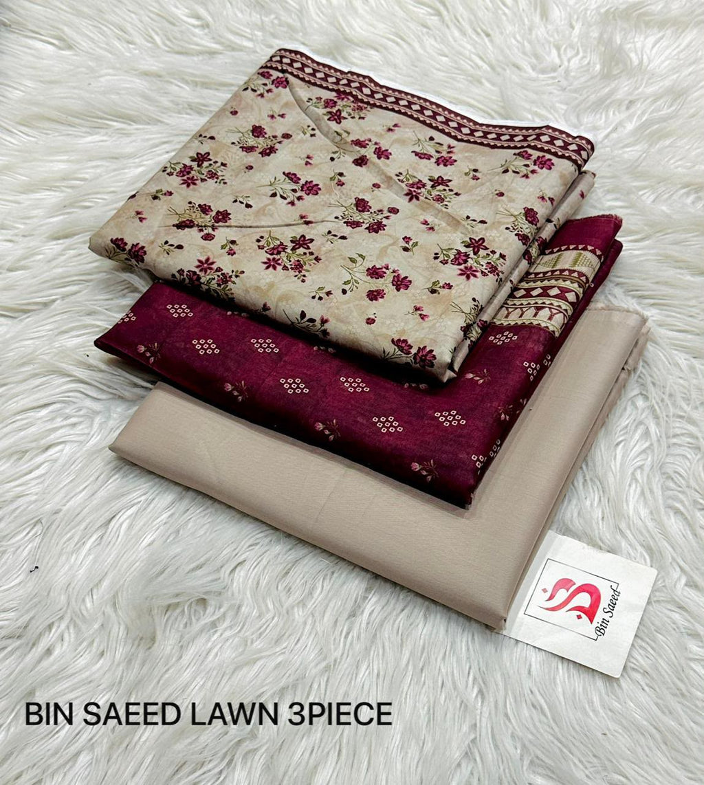 Bin Saeed 3 Piece Premium Lawn Suit | Unstitched Summer Collection | Printed Shirt, Dupatta & Trouser